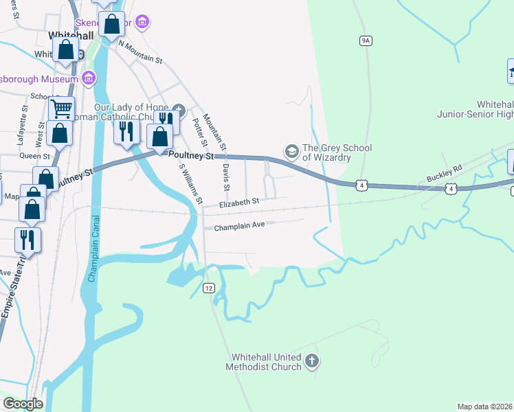 map of restaurants, bars, coffee shops, grocery stores, and more near 34 Elizabeth Street in Whitehall