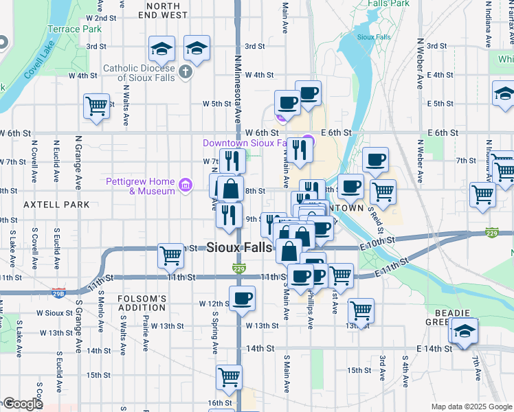 map of restaurants, bars, coffee shops, grocery stores, and more near 115 North Dakota Avenue in Sioux Falls