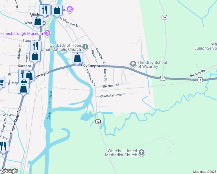 map of restaurants, bars, coffee shops, grocery stores, and more near 20 Elizabeth Street in Whitehall