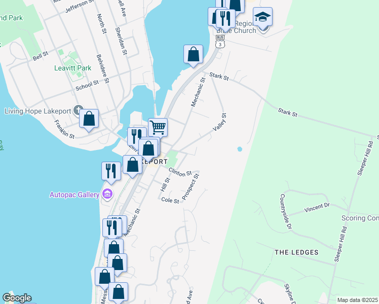 map of restaurants, bars, coffee shops, grocery stores, and more near 7 Granite Street in Laconia