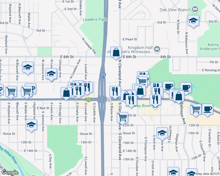 map of restaurants, bars, coffee shops, grocery stores, and more near 2601 East 8th Street in Sioux Falls