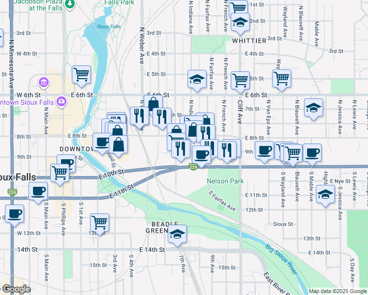 map of restaurants, bars, coffee shops, grocery stores, and more near 100-198 S Franklin Ave in Sioux Falls