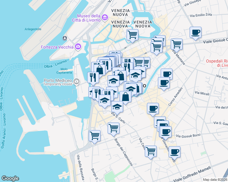 map of restaurants, bars, coffee shops, grocery stores, and more near 5 Via Giuseppe Chiarini in Livorno