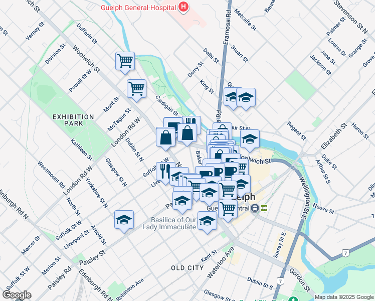map of restaurants, bars, coffee shops, grocery stores, and more near 90 Yarmouth Street in Guelph