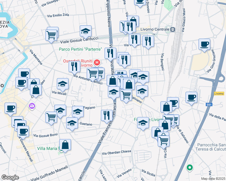 map of restaurants, bars, coffee shops, grocery stores, and more near 44 Viale Francesco Petrarca in Livorno