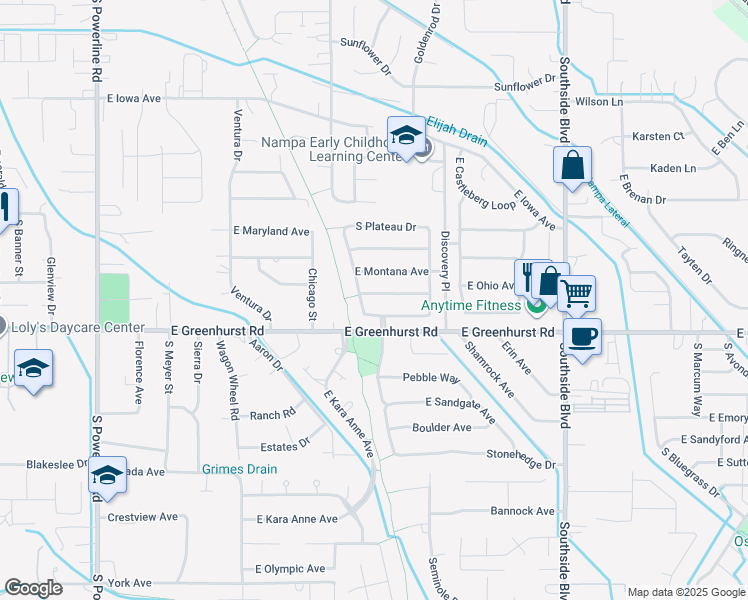 map of restaurants, bars, coffee shops, grocery stores, and more near 2409 East Ohio Avenue in Nampa
