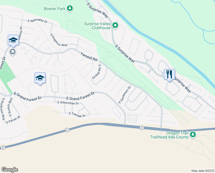 map of restaurants, bars, coffee shops, grocery stores, and more near 5960 South Snowdrop Place in Boise