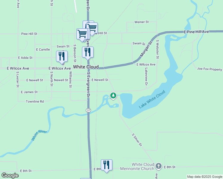 map of restaurants, bars, coffee shops, grocery stores, and more near 305 South State Street in White Cloud