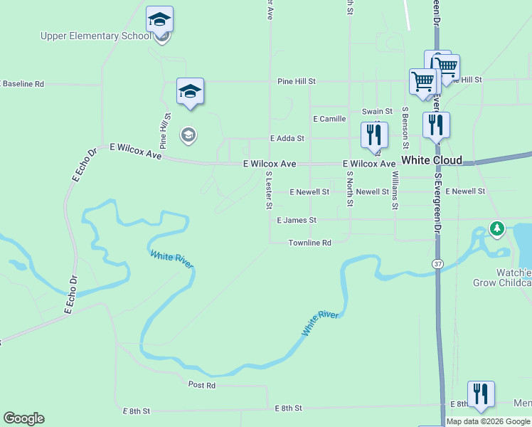map of restaurants, bars, coffee shops, grocery stores, and more near 325 South Lester Street in White Cloud