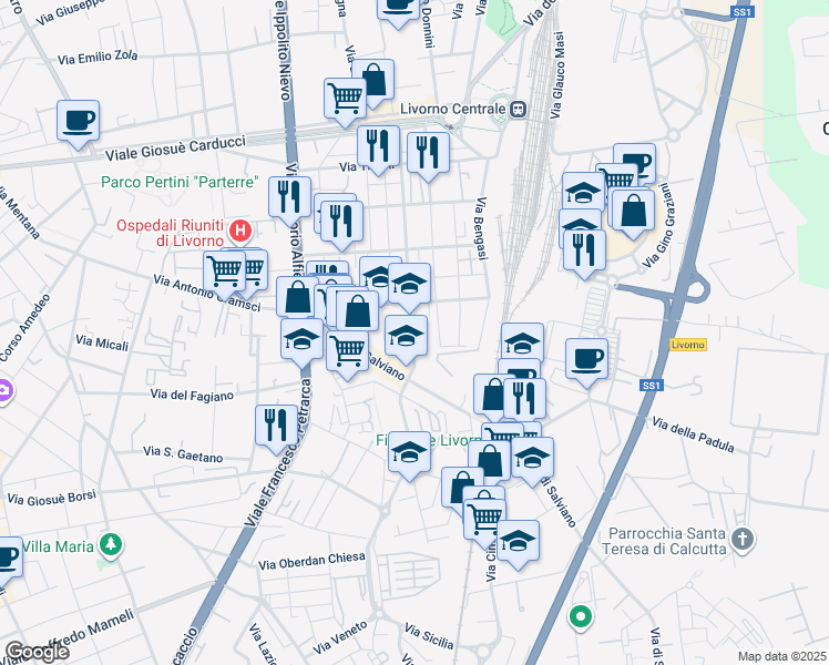 map of restaurants, bars, coffee shops, grocery stores, and more near 81 Viale del Risorgimento in Livorno