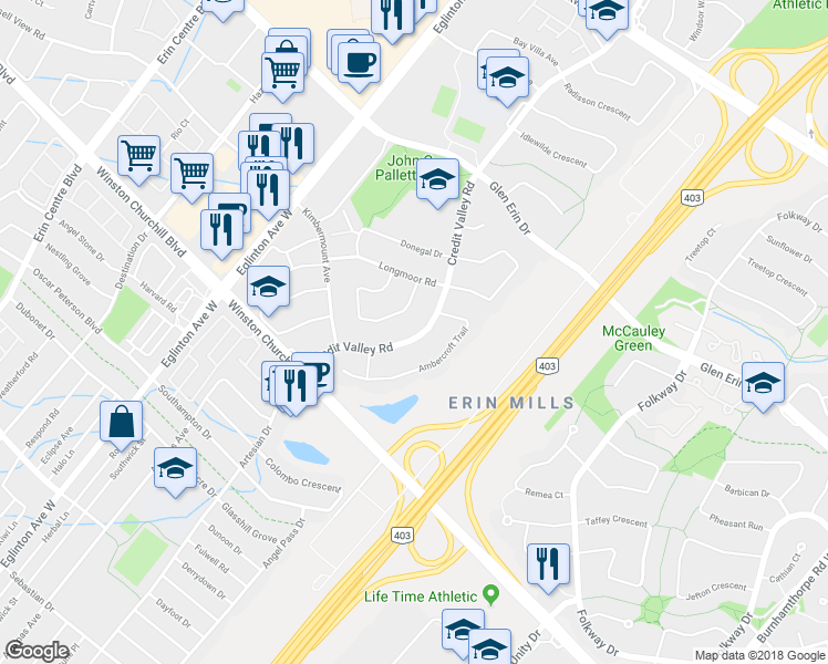 map of restaurants, bars, coffee shops, grocery stores, and more near 2613 Credit Valley Road in Mississauga
