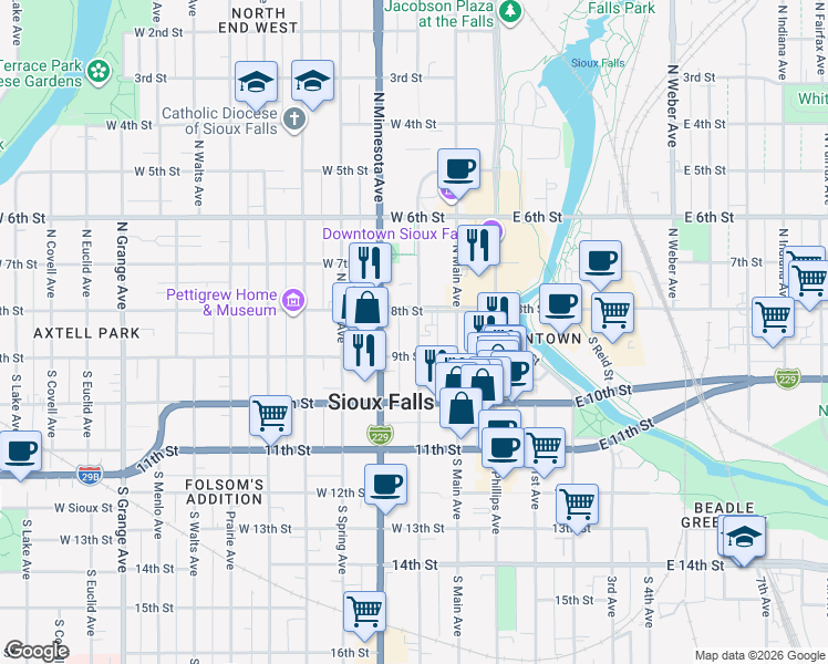 map of restaurants, bars, coffee shops, grocery stores, and more near 131 North Dakota Avenue in Sioux Falls