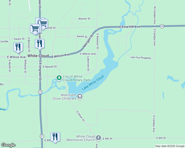 map of restaurants, bars, coffee shops, grocery stores, and more near 1556 East James Street in White Cloud