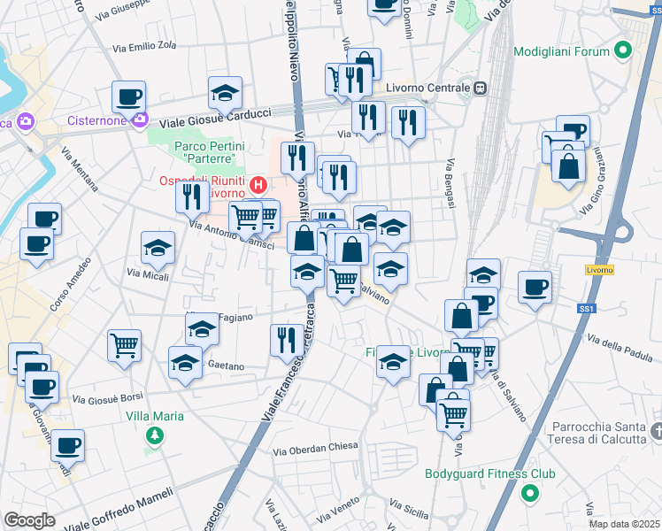 map of restaurants, bars, coffee shops, grocery stores, and more near 28 Piazza Damiano Chiesa in Livorno