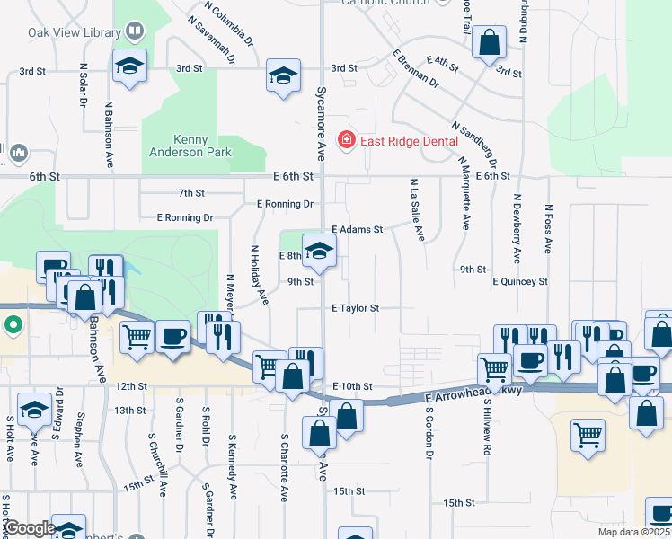 map of restaurants, bars, coffee shops, grocery stores, and more near 130 North Sycamore Avenue in Sioux Falls