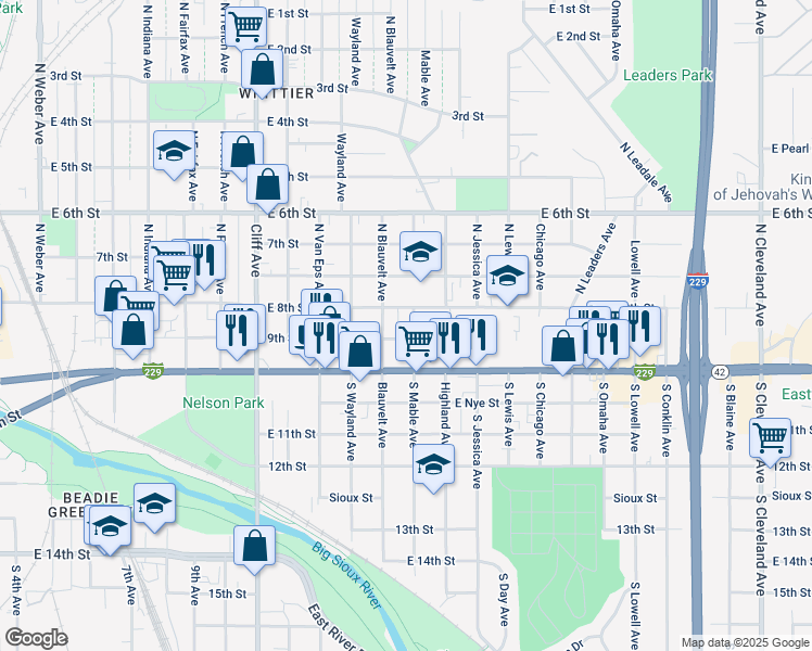 map of restaurants, bars, coffee shops, grocery stores, and more near 115 North Mable Avenue in Sioux Falls