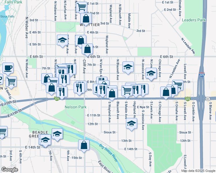 map of restaurants, bars, coffee shops, grocery stores, and more near 1420 East 9th Street in Sioux Falls