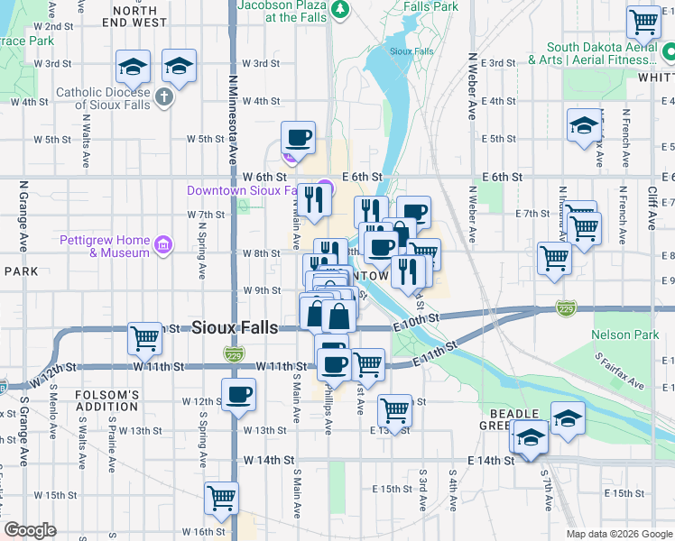map of restaurants, bars, coffee shops, grocery stores, and more near in Sioux Falls