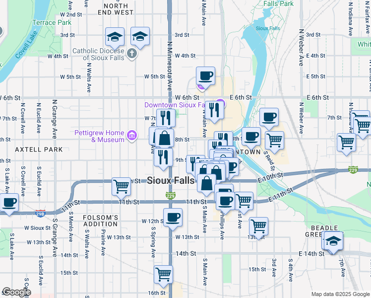 map of restaurants, bars, coffee shops, grocery stores, and more near 131 North Dakota Avenue in Sioux Falls