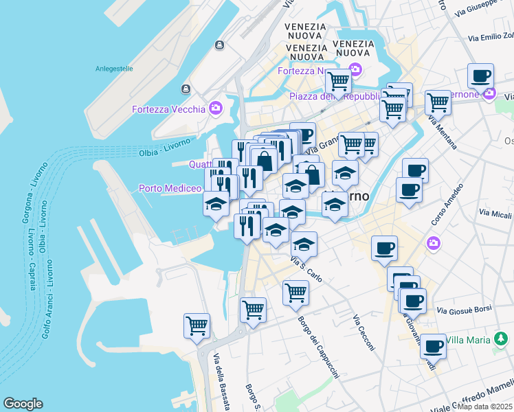 map of restaurants, bars, coffee shops, grocery stores, and more near 6 Via del Bastione in Livorno