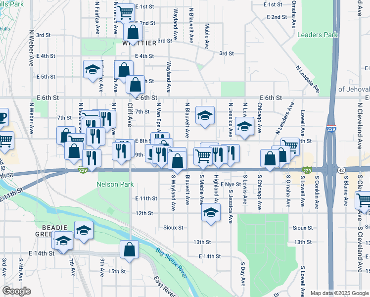map of restaurants, bars, coffee shops, grocery stores, and more near 109 North Blauvelt Avenue in Sioux Falls