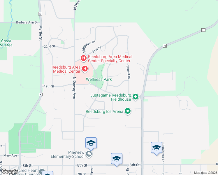 map of restaurants, bars, coffee shops, grocery stores, and more near 1902 Winfield Drive in Reedsburg