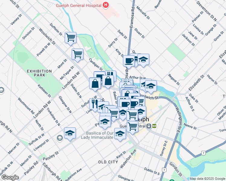 map of restaurants, bars, coffee shops, grocery stores, and more near 90 Yarmouth Street in Guelph