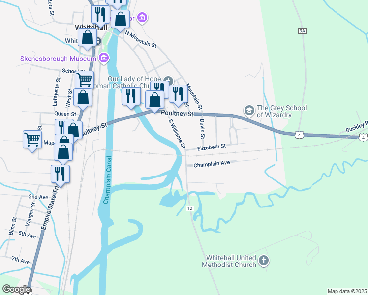 map of restaurants, bars, coffee shops, grocery stores, and more near 107 Williams Street in Whitehall