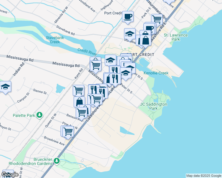 map of restaurants, bars, coffee shops, grocery stores, and more near 176 Lakeshore Road West in Mississauga