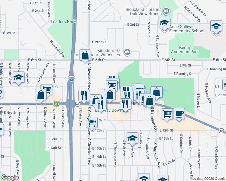 map of restaurants, bars, coffee shops, grocery stores, and more near 3020 East 10th Street in Sioux Falls