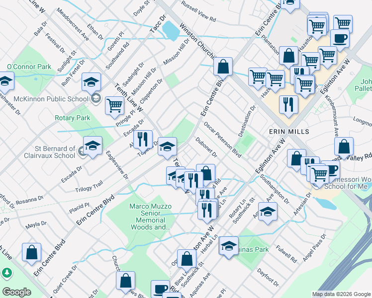 map of restaurants, bars, coffee shops, grocery stores, and more near 3150 Erin Centre Boulevard in Mississauga