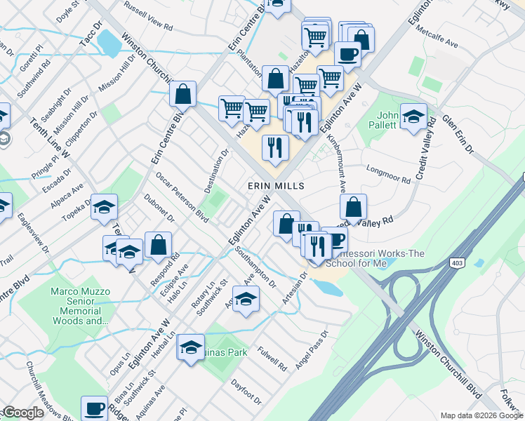 map of restaurants, bars, coffee shops, grocery stores, and more near 3056 Eglinton Avenue West in Mississauga