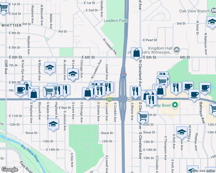 map of restaurants, bars, coffee shops, grocery stores, and more near 116 North Lowell Avenue in Sioux Falls