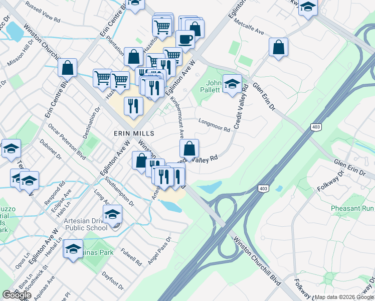 map of restaurants, bars, coffee shops, grocery stores, and more near 4503 Kimbermount Avenue in Mississauga