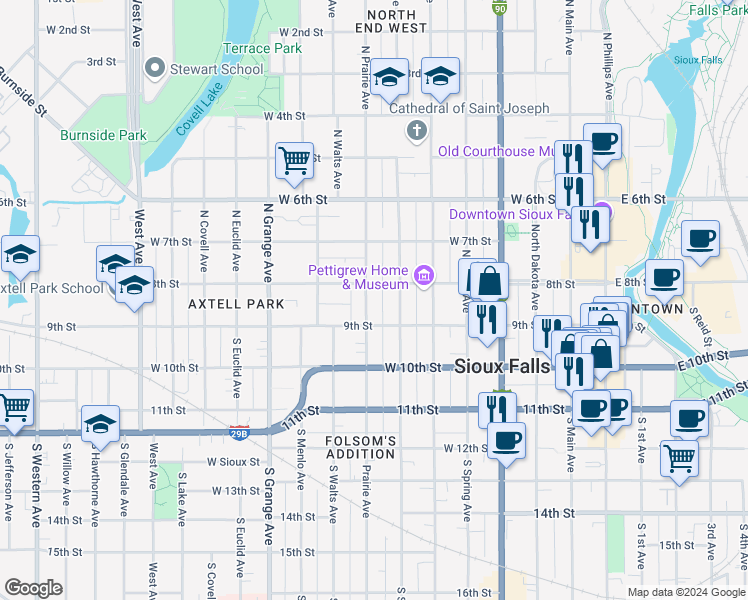 map of restaurants, bars, coffee shops, grocery stores, and more near 126 North Prairie Avenue in Sioux Falls