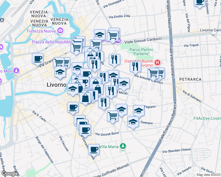 map of restaurants, bars, coffee shops, grocery stores, and more near 52 Via C. Battisti in Livorno