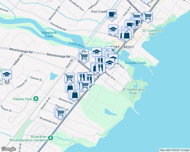 map of restaurants, bars, coffee shops, grocery stores, and more near in Mississauga