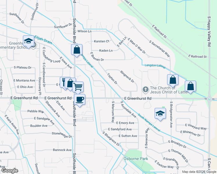map of restaurants, bars, coffee shops, grocery stores, and more near 3502 East Greenhurst Road in Nampa