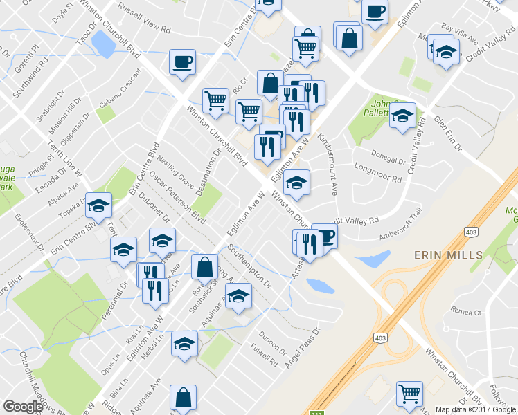 map of restaurants, bars, coffee shops, grocery stores, and more near in Mississauga