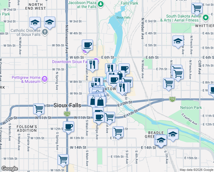 map of restaurants, bars, coffee shops, grocery stores, and more near in Sioux Falls