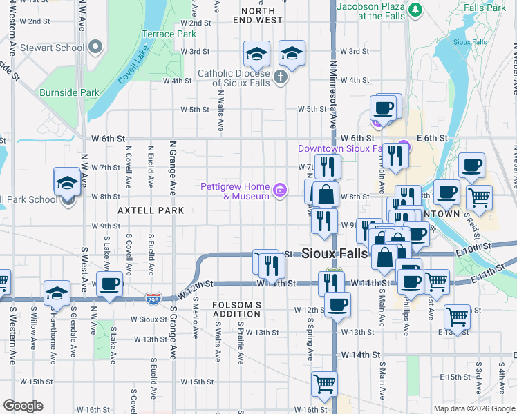 map of restaurants, bars, coffee shops, grocery stores, and more near 126 North Prairie Avenue in Sioux Falls
