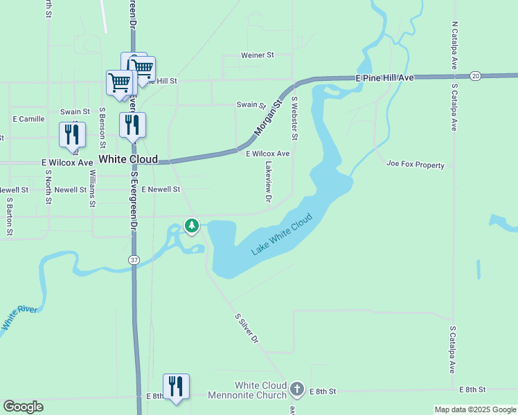 map of restaurants, bars, coffee shops, grocery stores, and more near 1445 East James Street in White Cloud