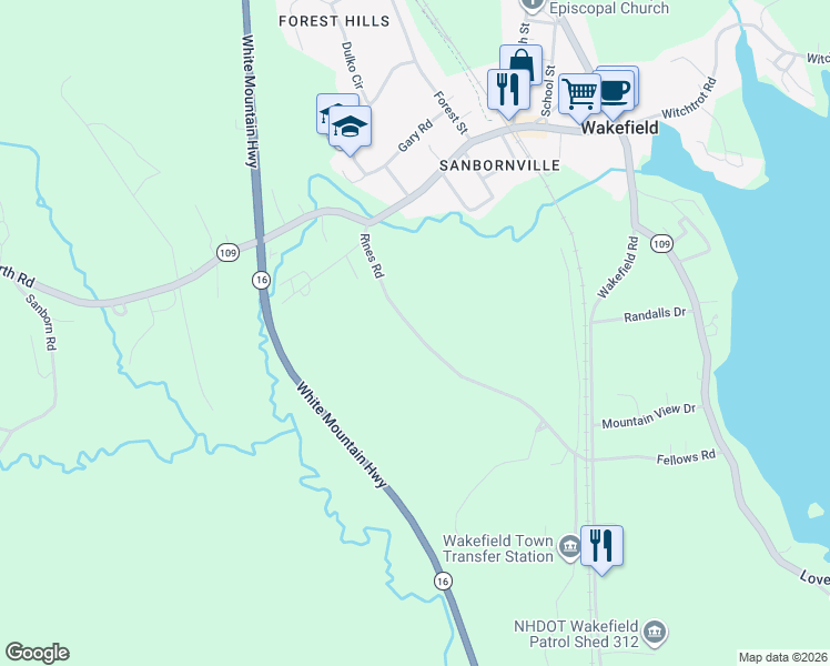 map of restaurants, bars, coffee shops, grocery stores, and more near 199 Rines Road in Wakefield