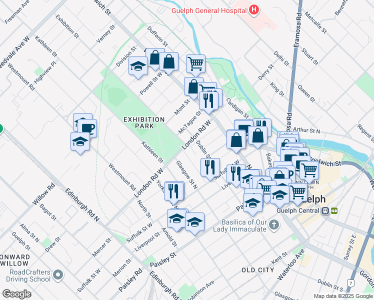 map of restaurants, bars, coffee shops, grocery stores, and more near 80 London Road West in Guelph