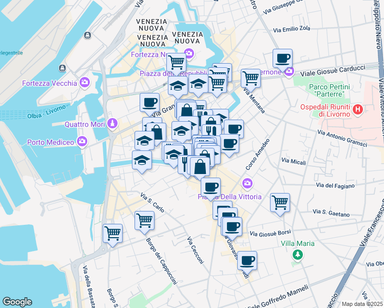 map of restaurants, bars, coffee shops, grocery stores, and more near in Livorno