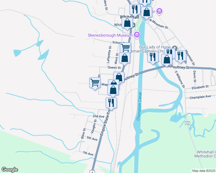 map of restaurants, bars, coffee shops, grocery stores, and more near 12 Maple Street in Whitehall