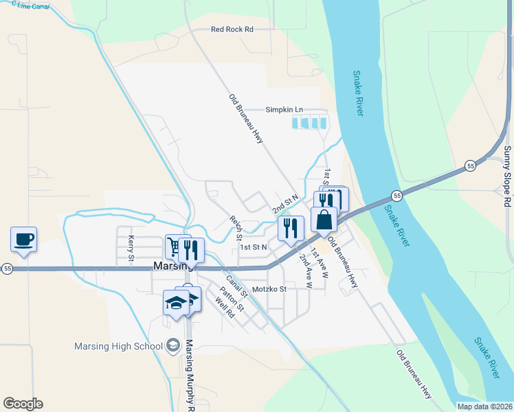 map of restaurants, bars, coffee shops, grocery stores, and more near 408 Mountain View Drive in Marsing