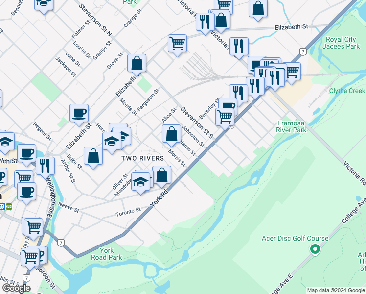 map of restaurants, bars, coffee shops, grocery stores, and more near 95 Harris Street in Guelph