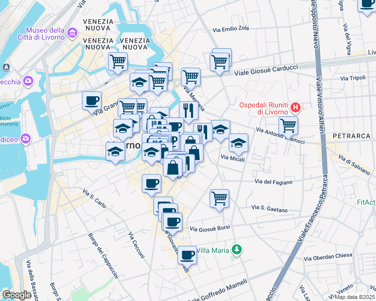 map of restaurants, bars, coffee shops, grocery stores, and more near 62 Via Ernesto Rossi in Livorno