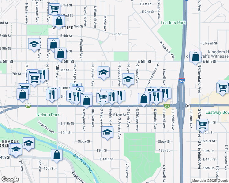 map of restaurants, bars, coffee shops, grocery stores, and more near 104 North Krohn Place in Sioux Falls